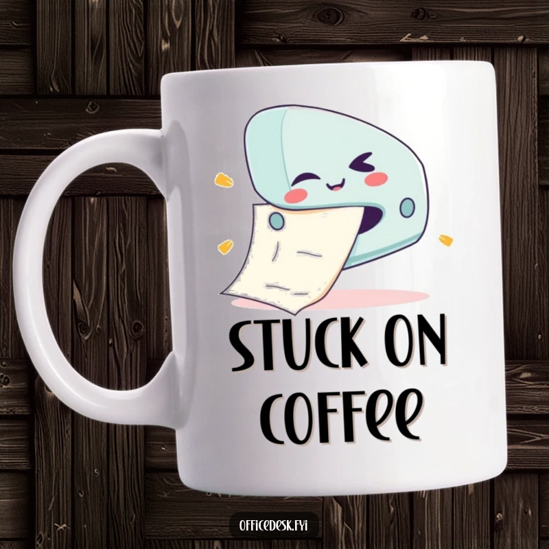 Funny mug featuring a cute stapler character with a mischievous wink, jamming a giant sheet of paper.