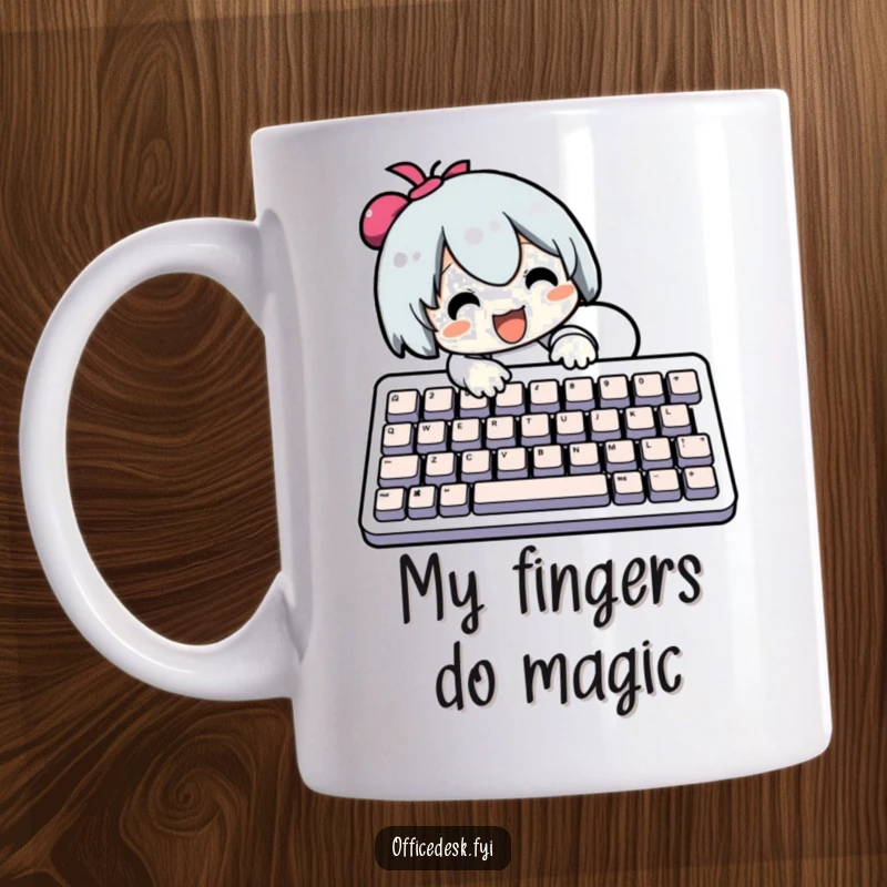 Funny Mug: Character joyfully typing on an oversized keyboard, expressing intense focus and tech enthusiasm. A humorous gift for computer lovers.