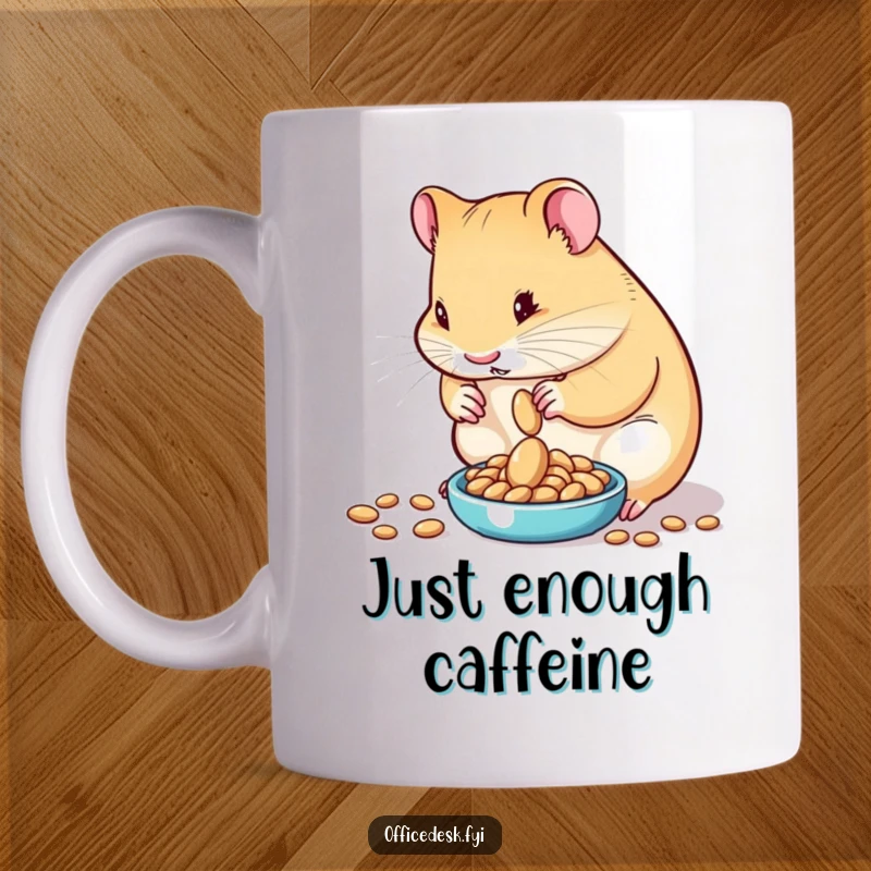 Funny mug featuring a determined hamster carefully measuring exactly one seed on a tiny scale with extreme precision and focus.