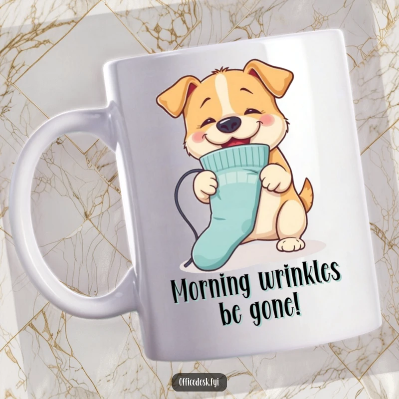 Funny Dog Ironing Mug: A bouncy dog enthusiastically ironing a sock with its nose, symbolizing playful helpfulness, a perfect funny gift.