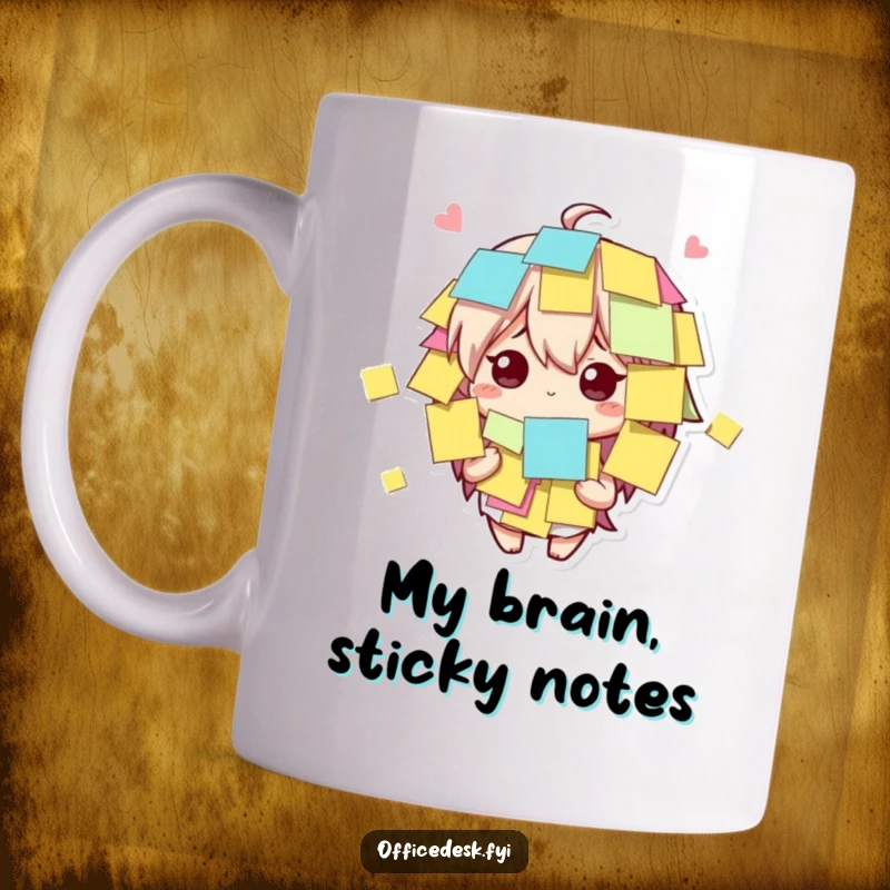 Funny cute character completely covered in sticky notes, looking bewildered yet amused, on a mug, a perfect funny gift.