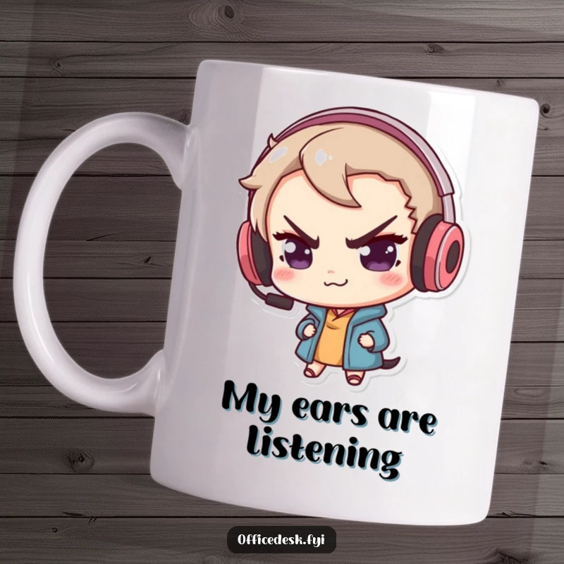 Funny mug featuring a cute cat with a mischievous smirk, wearing an oversized gaming headset, ready to play.