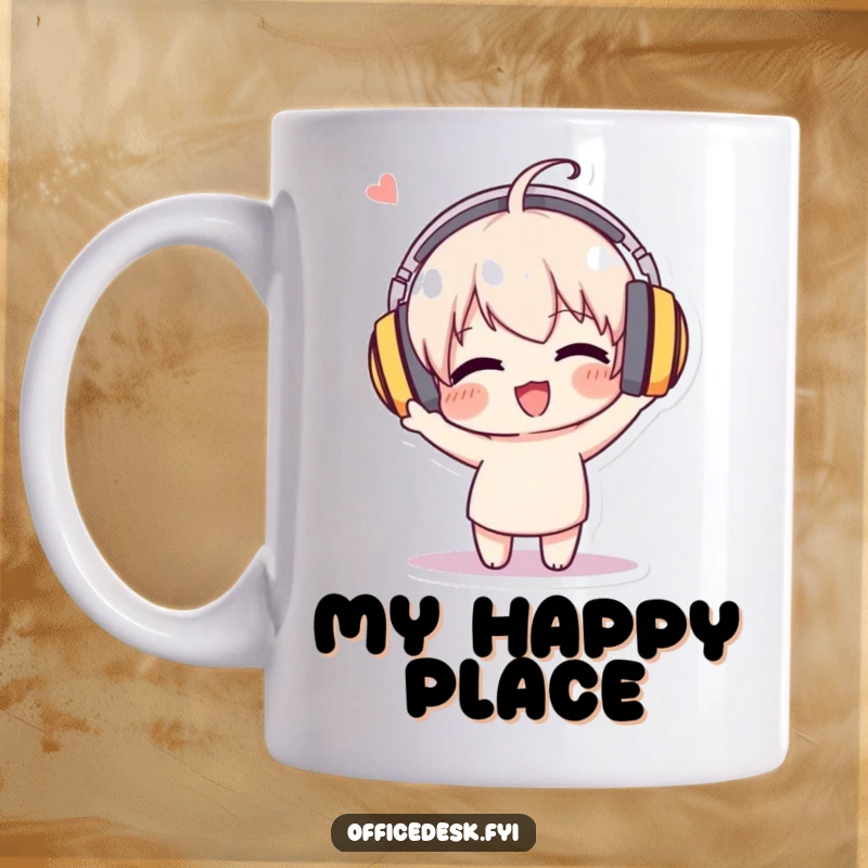 Funny mug featuring a character with oversized headphones, enthusiastically bobbing its head to unheard music, radiating joy.