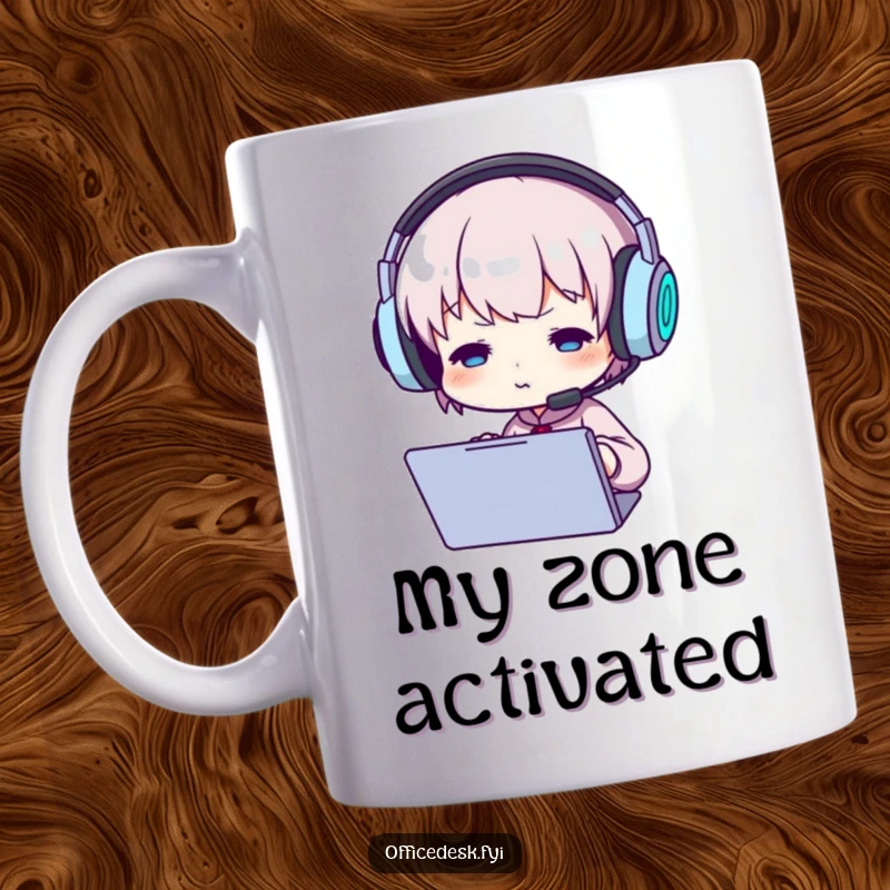 Funny mug showing a small character wearing comically oversized headphones, intensely focused on a glowing screen, deep in concentration.