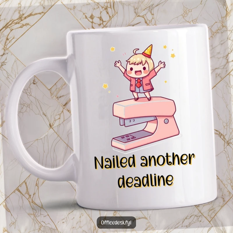 Funny mug depicting a character joyfully dancing on a stapler, celebrating small wins in a humorous office setting.