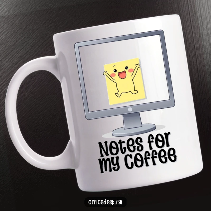 Funny Mug: A small, smiling sticky note character joyfully leaping off a monitor edge, symbolizing spontaneous ideas and motivation.