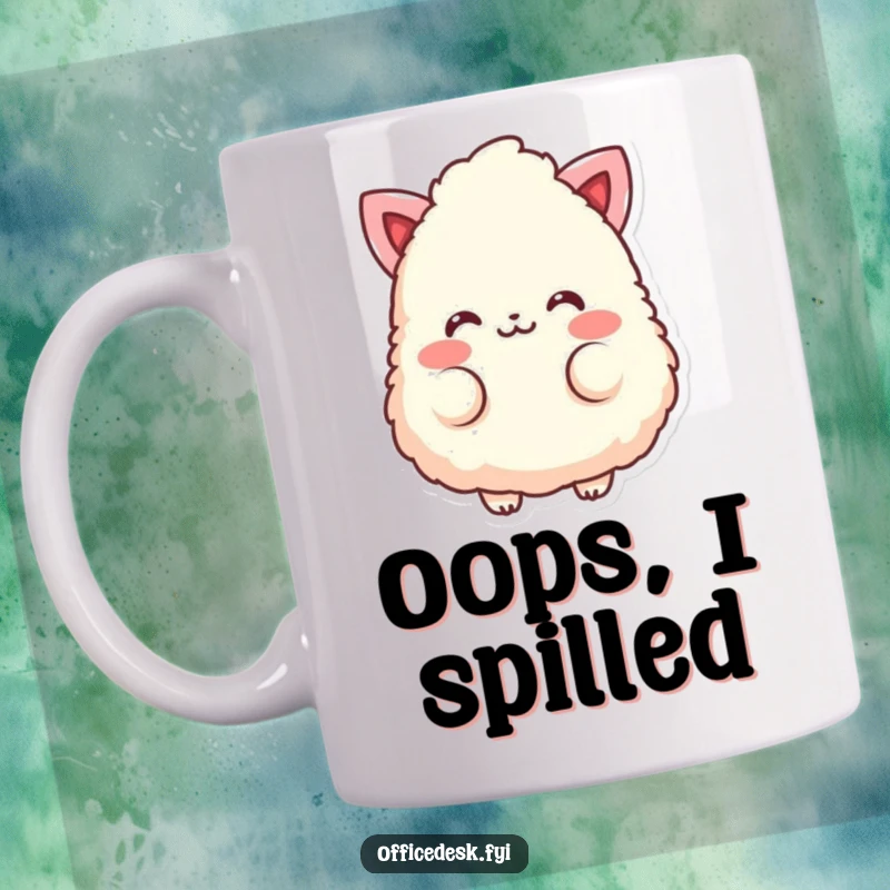 Funny mug featuring a fluffy eraser character with rosy cheeks, blushing adorably.
