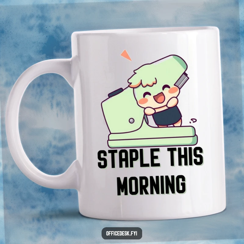Funny mug featuring a cheerful character enthusiastically trying to use an oversized, giant stapler with determined effort.