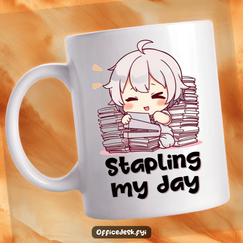 Funny Mug: A winking character confidently attempting to staple a dauntingly large stack of papers, conveying office prowess.