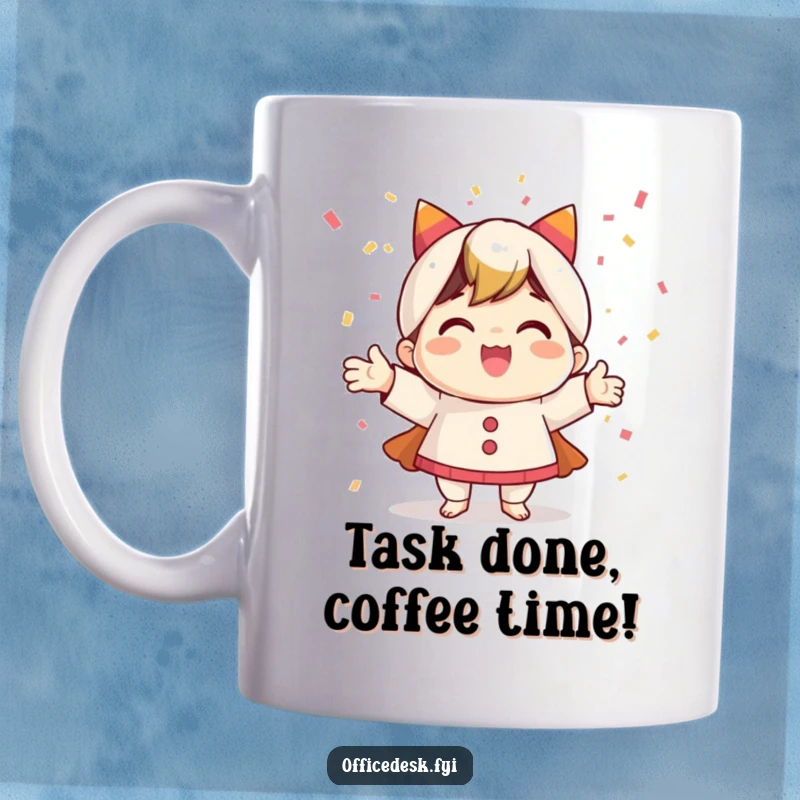 Funny mug with a happy character joyfully celebrating by tossing confetti, symbolizing task completion and pure elation.