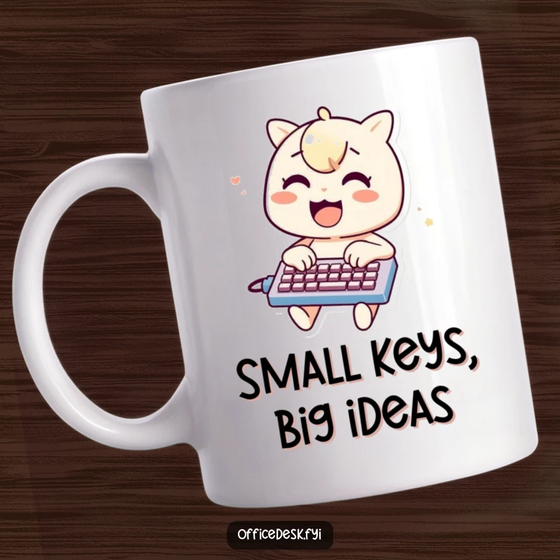 Funny mug with a cheerful character enthusiastically typing on a tiny keyboard, showcasing dedication and humor, ideal for a funny gift.