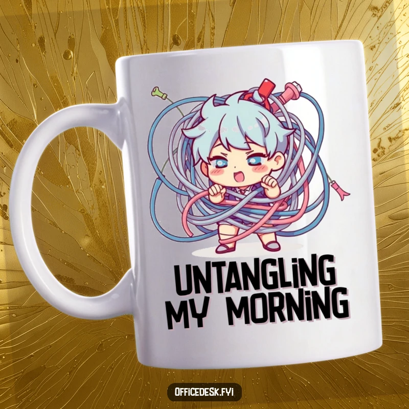 Funny Character Mug: A determined character intensely untangling a giant knot of cables, symbolizing a tough but rewarding task.
