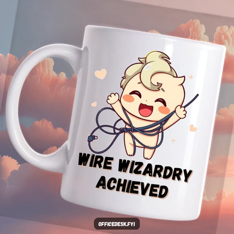 Funny mug featuring a joyful character beaming with pride while successfully untangling a huge mess of wires, a relatable win.