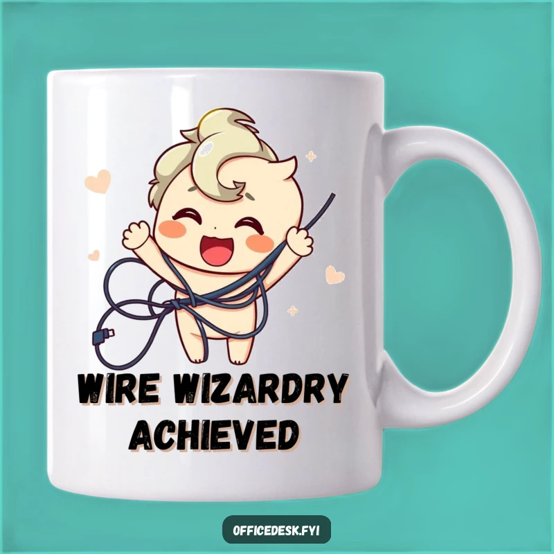 Funny Wire Untangler Mug - Joyful Character's Triumph, Perfect Gift