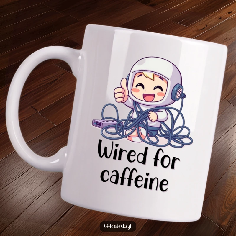 Funny cheerful character giving a thumbs up while tangled in computer cables, depicted on a mug, a great funny gift.