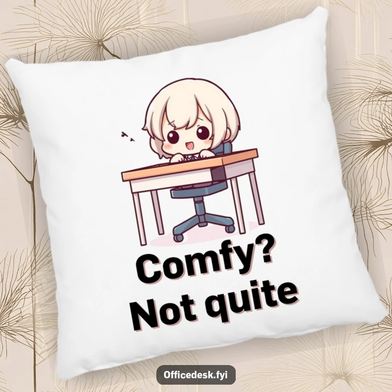 Funny pillow illustrating a small character squealing as they try to fit into a tiny chair, bringing comfort and humor.