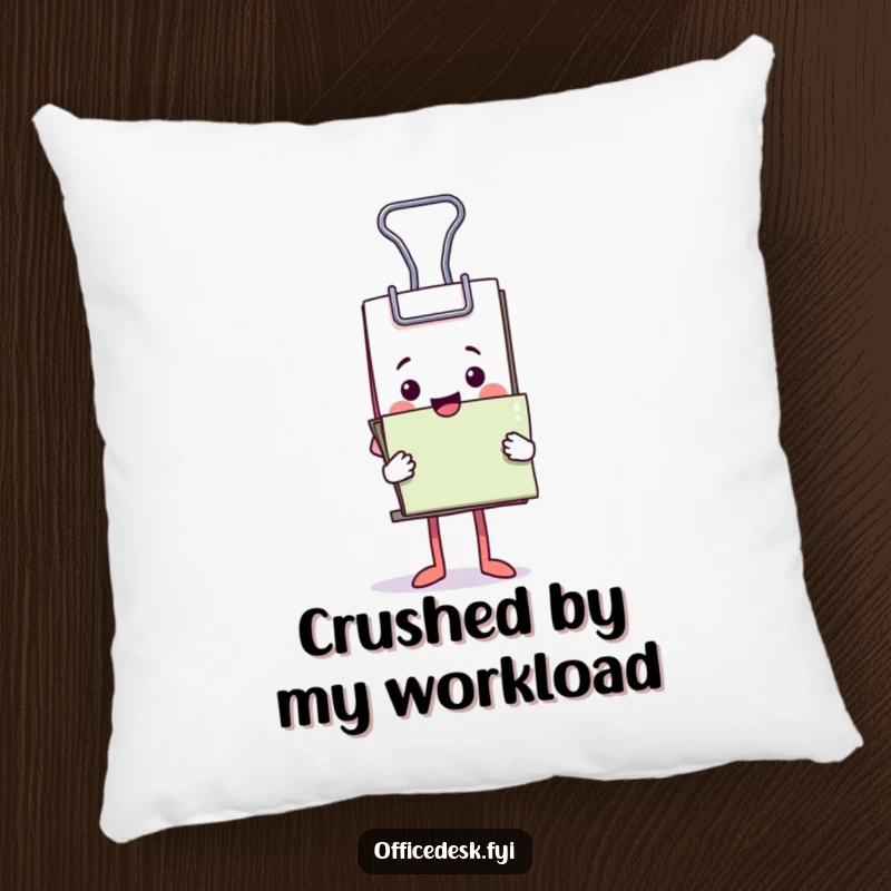 Funny pillow with a happy binder clip character adorably clutching a giant stack of papers.