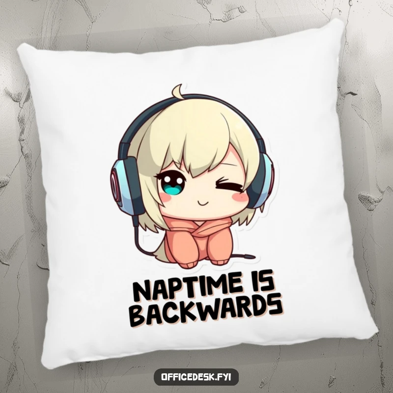 Funny pillow with a cute character winking mischievously while wearing headphones backwards, adding musical humor to any room.