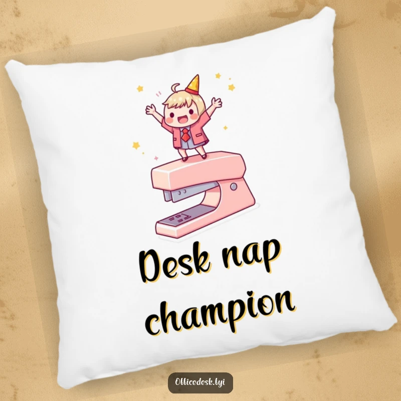 Funny pillow with a character dancing on a stapler, a humorous and cozy addition for office or home decor.