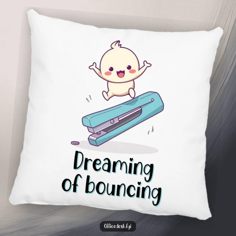 Funny Pillow: A cute character with a happy expression leaping over a giant, fallen staple remover, playful office accessory.