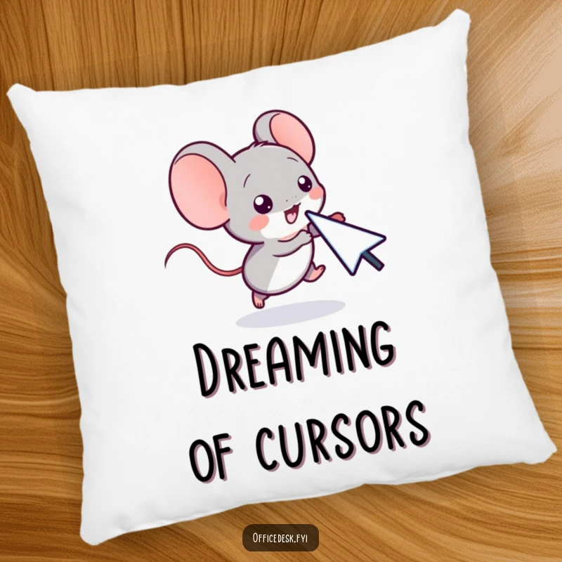 Funny pillow featuring a small computer mouse character playfully chasing a cursor, radiating tech-themed comfort.