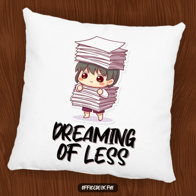 Funny Pillow: Character precariously balances a huge pile of papers, bringing a touch of office humor to your decor.