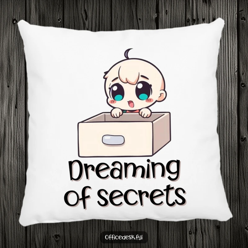Funny Pillow: A small character with wide, excited eyes discovering a secret compartment within a desk drawer, embodying curiosity.
