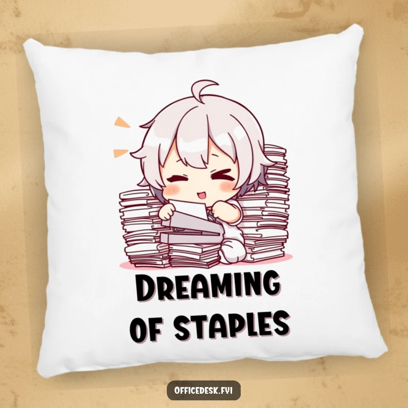 Funny Pillow: A character winking while tackling a huge stack of documents with a stapler, designed for humorous comfort.