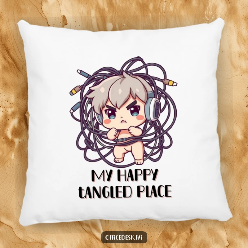 Funny Pillow: A small character heroically attempting to untangle a huge, jumbled mess of colorful electronic cables, humorous depiction.