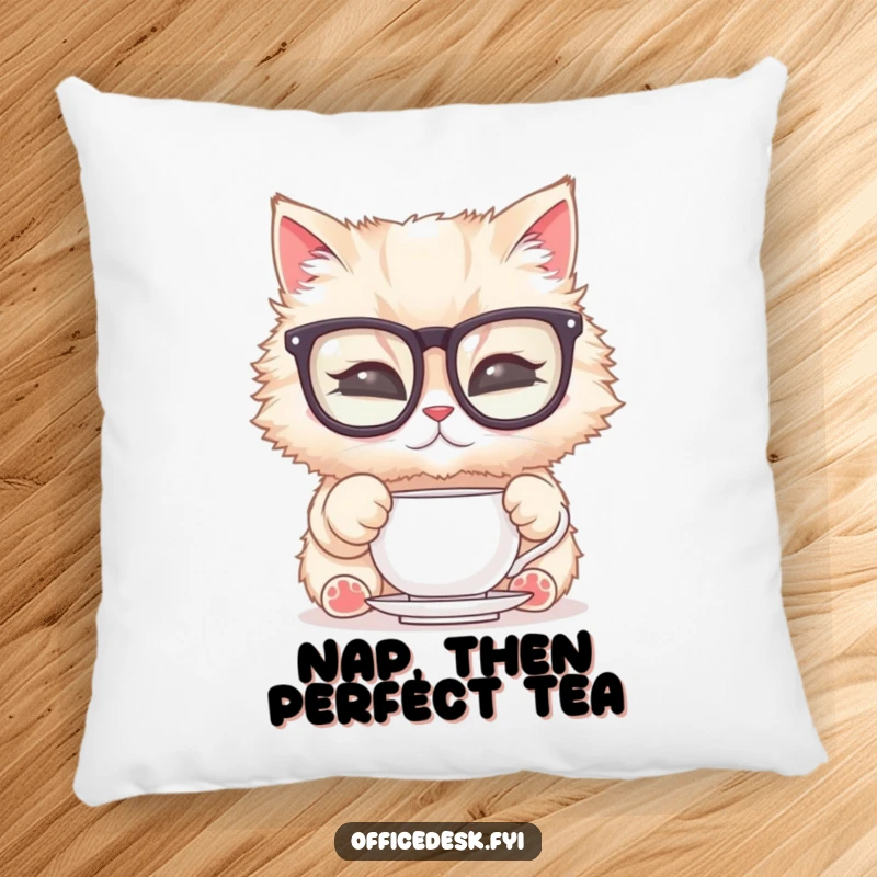Funny Cat Glasses Pillow: A soft cushion featuring a fluffy cat in large glasses polishing a teacup, bringing sophisticated humor to any space.