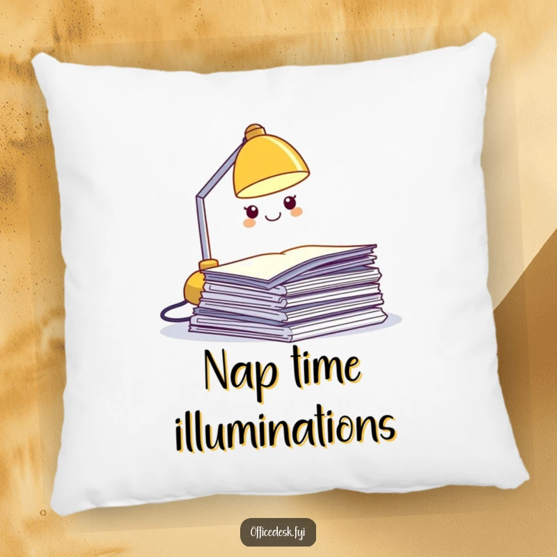 Funny desk lamp pillow, a miniature grinning lamp character illuminating a pile of papers, comfortable and humorous home decor.