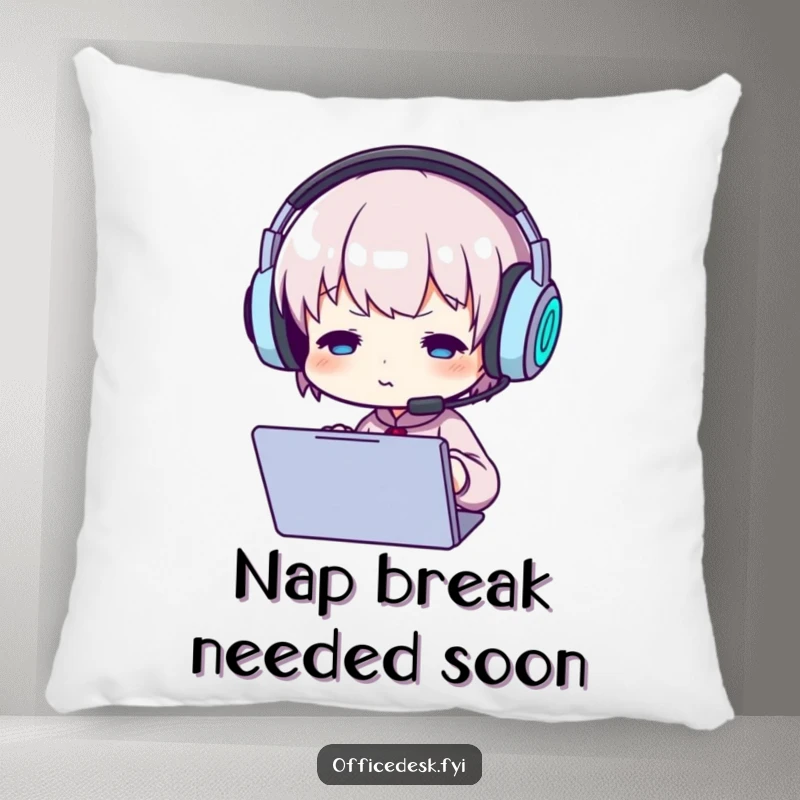 Funny pillow with a small character wearing oversized headphones, intensely focused on a glowing screen, perfect for gamers.