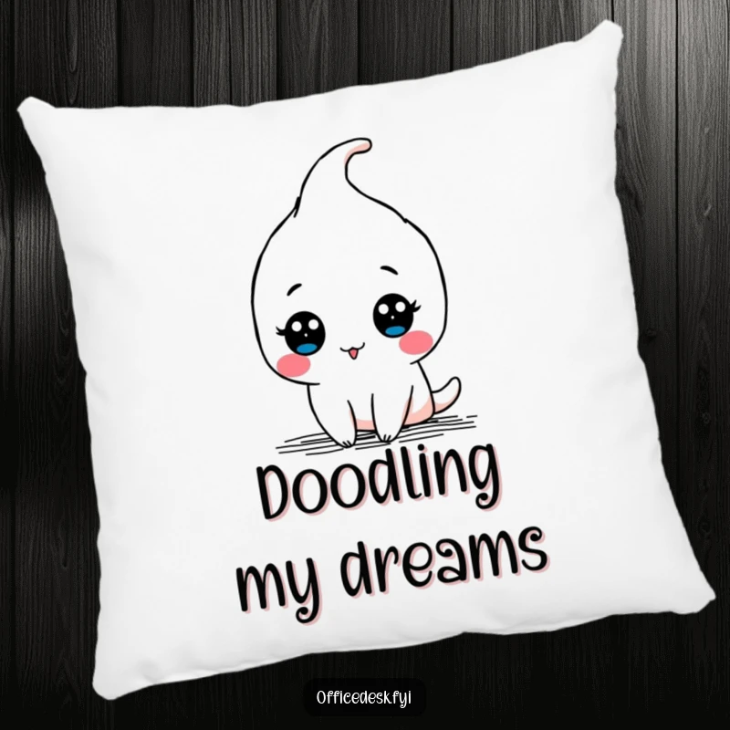 Funny pillow featuring a kawaii pen character drawing a doodle with a flourish, radiating creative comfort.