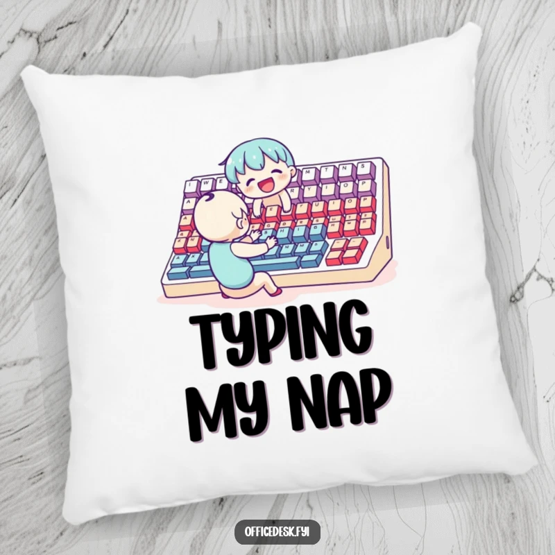 Funny Pillow: A small, joyful character enthusiastically typing on a massive keyboard, representing dedication and effort.