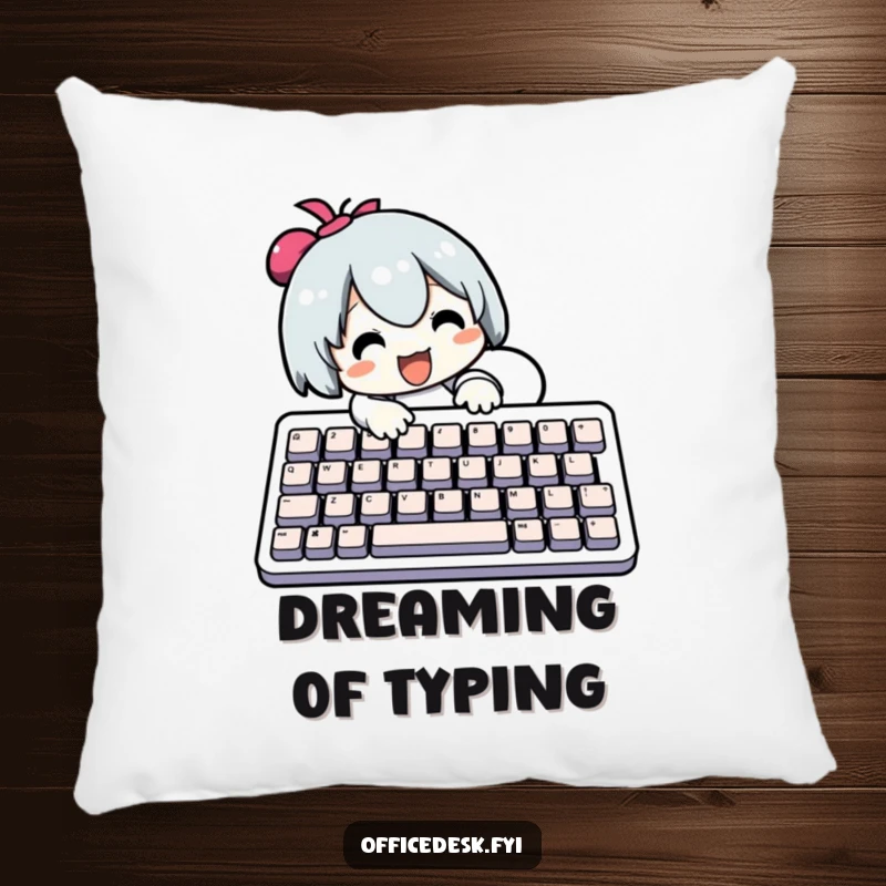 Funny Pillow: Character focused on typing on a comically big keyboard, symbolizing dedication and amusement. A cozy funny gift.