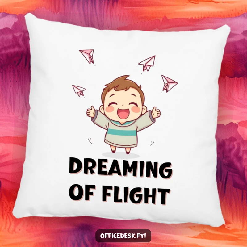 Funny Paper Airplane Pillow: Cheerful character making paper airplanes that soar erratically, funny gift.