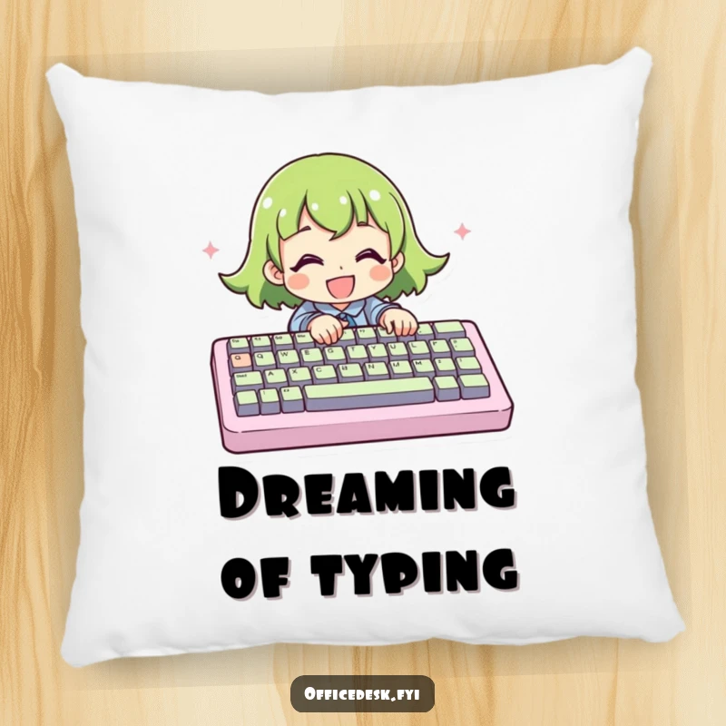 Funny Pillow: A character depicted typing enthusiastically on a comically enormous keyboard, designed for humorous comfort.
