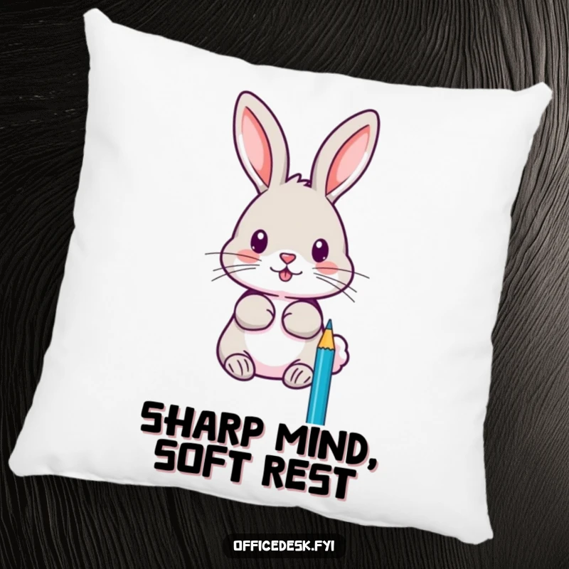 Funny pillow featuring a focused rabbit meticulously sharpening pencils, offering cozy comfort and a symbol of artistic dedication.