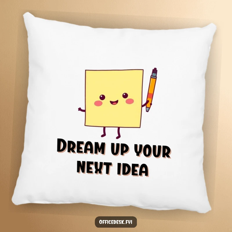 Funny pillow featuring a delighted sticky note character in mid-dance with a small pen, adding comfort and cheer.