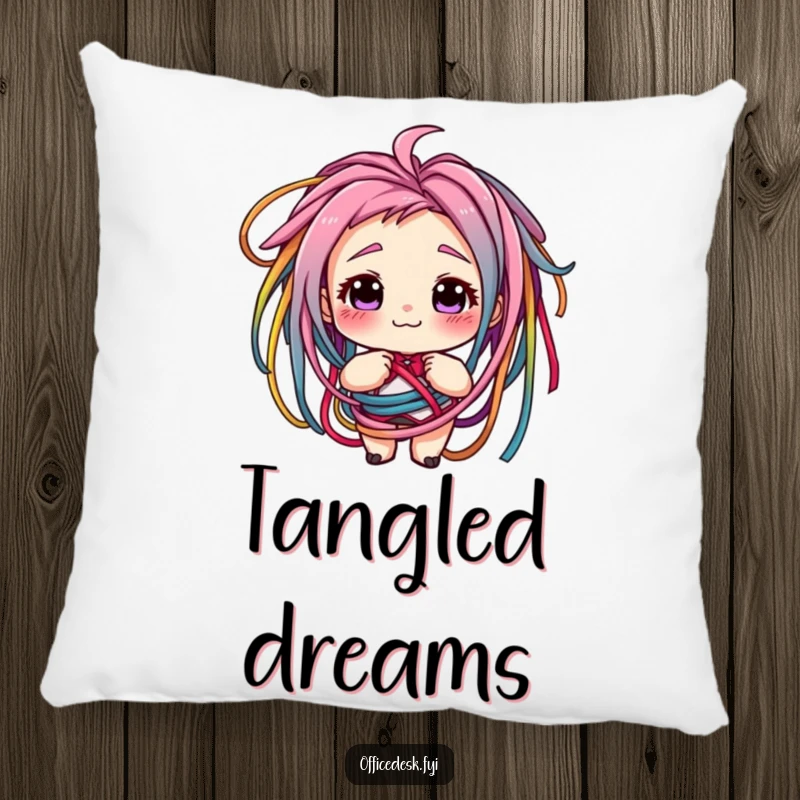 Funny pillow depicting a character grinning, tangled in colorful cords, offering soft comfort and a humorous perspective on technology. Cozy gift.