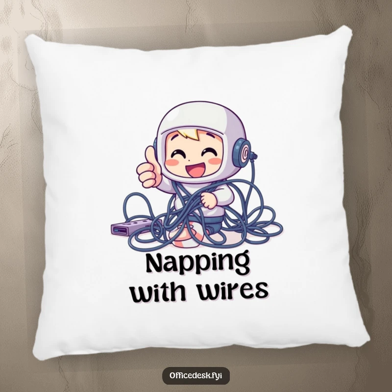 Funny cheerful character giving a thumbs up while tangled in computer cables on a soft pillow for funny comfort.