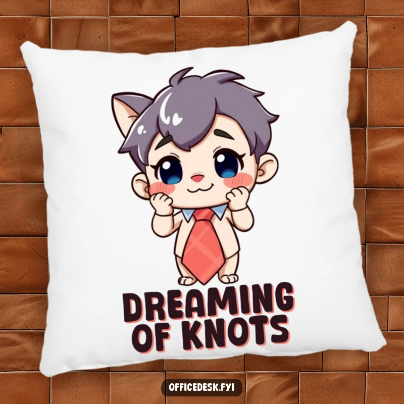 Funny Character Pillow: A curious character with a grin, adjusting a large, whimsical tie, offering humorous comfort.