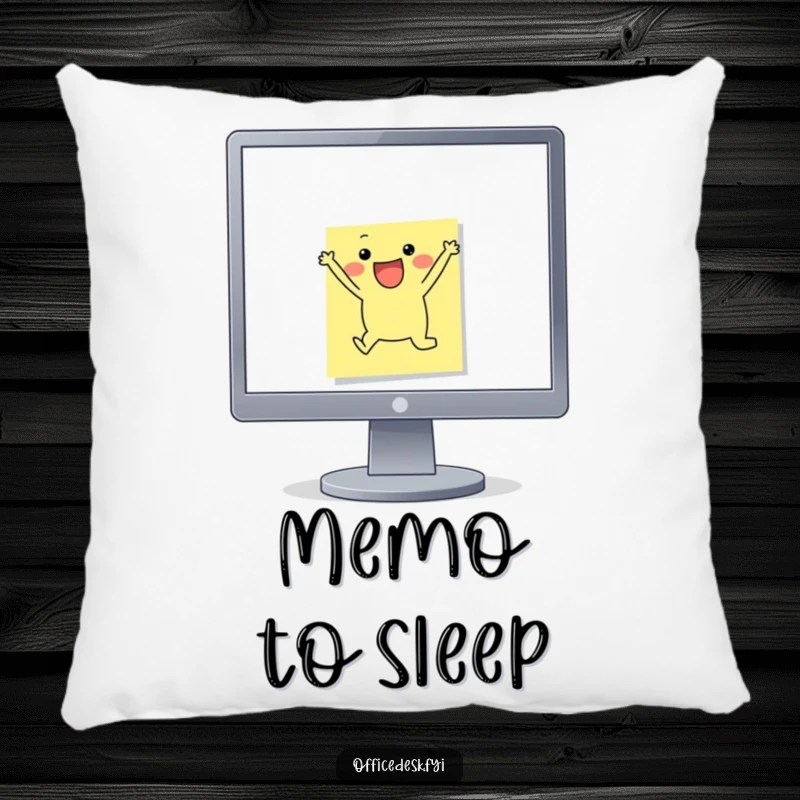 Funny Pillow: A small sticky note character in mid-leap off a monitor, designed for maximum humorous comfort and motivational vibes.