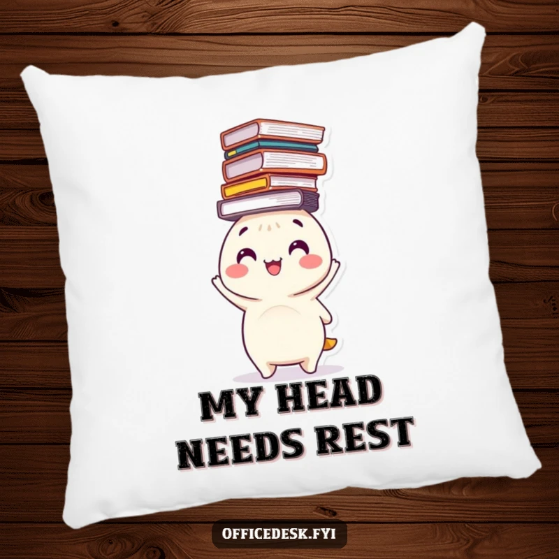 Funny pillow with a happy character balancing a precarious stack of files on its head, providing soft, humorous comfort.