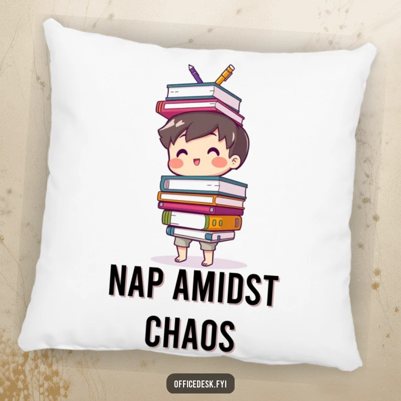 Funny pillow with a cute character joyfully balancing a teetering pile of office supplies, offering plush, desk-related humor.