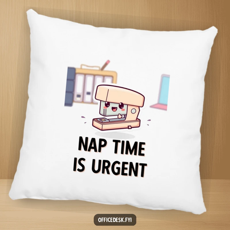 Funny pillow featuring a tiny stapler character comically zipping rapidly, adding a playful and humorous vibe.