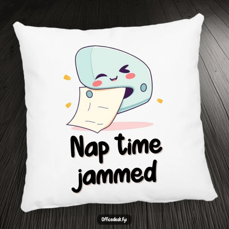 Funny pillow featuring a cute stapler character with a mischievous wink, tackling a giant sheet of paper.