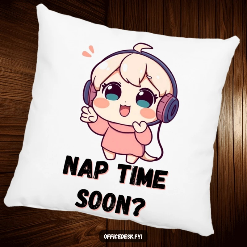 Funny pillow featuring a playful character wearing a headset, energetically gesturing during a video call, offering comfort and fun.