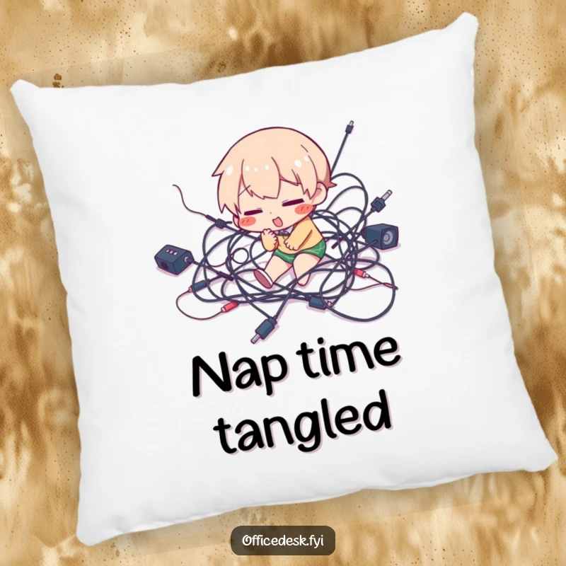 Funny pillow with a character comically tripping over a jumble of wires, adding comfort and tech humor to decor.