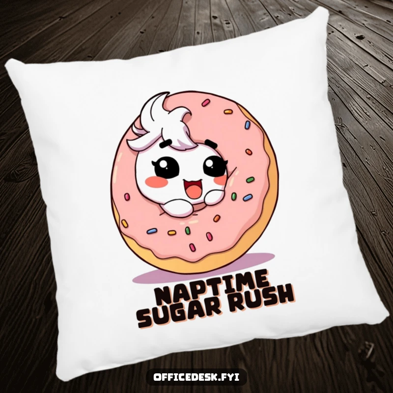 Funny Pillow: A cute character with a goofy, blissful expression devouring a huge, colorful, and delicious-looking donut.